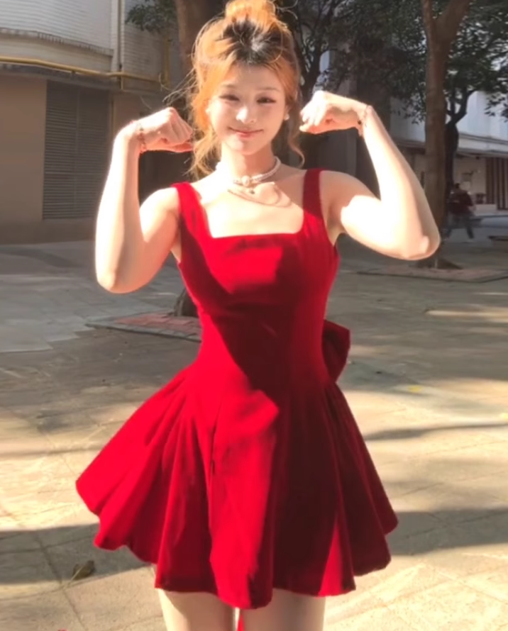 Large size French pure velvet square neck dress red birthday puffy dress R1886