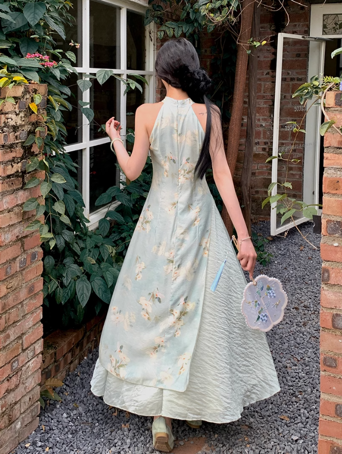 Fairy New Chinese Retro Temperament Splicing Printed Long Skirt Sleeveless Halter Neck Dress R1711