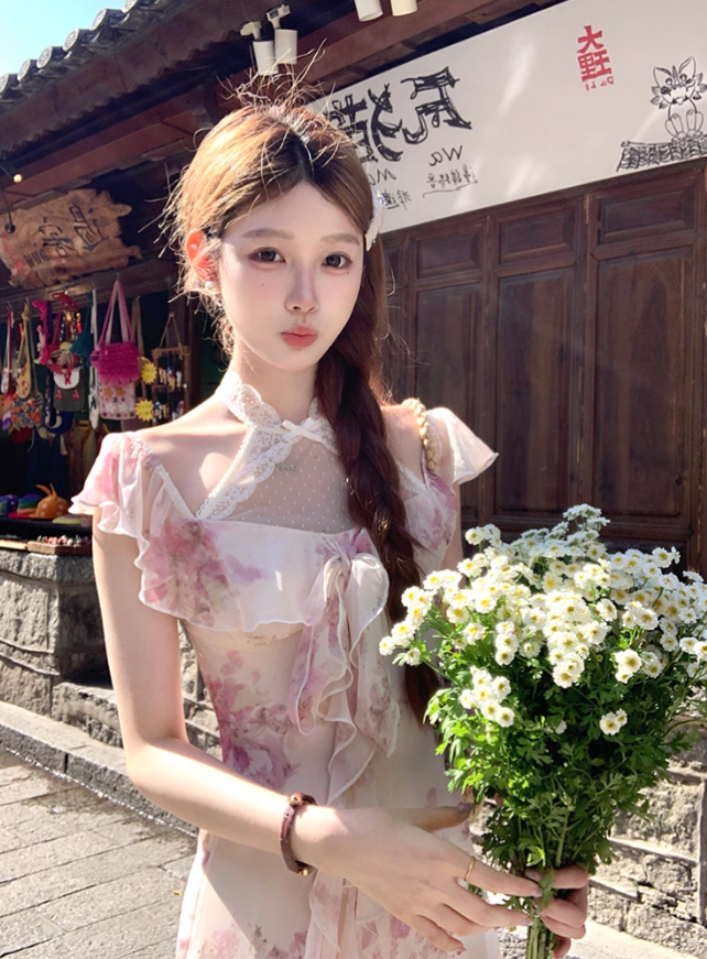 Long printed halter neck dress for women summer French style skirt R4831