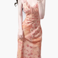 2025 summer new pink floral gentle style small flying sleeve waist lace dress R0954
