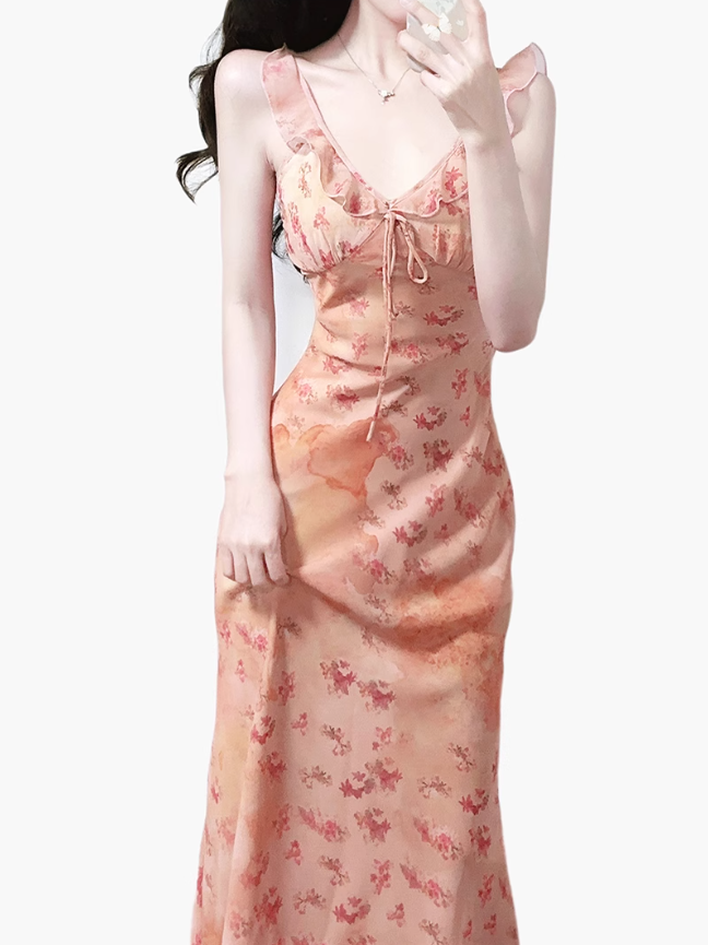 2025 summer new pink floral gentle style small flying sleeve waist lace dress R0954