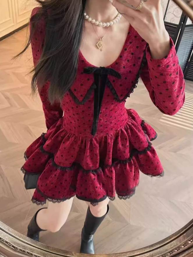 French retro polka dot contrast color dress new 2025 waist puffy cake skirt R1361