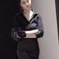 Large size French pure sexy black shirt intellectual style sister hip skirt suit R1837
