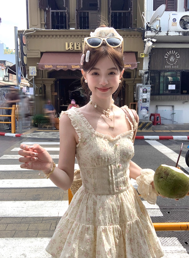 Women's romantic floral suspender dress sweet skirt R4948