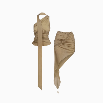 French style off-shoulder sleeveless ribbon top 2025 off-shoulder pleated hip skirt suit R1340