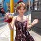 Ruffled Romantic Rose Suspender Dress French Retro Temperament Dress R4988