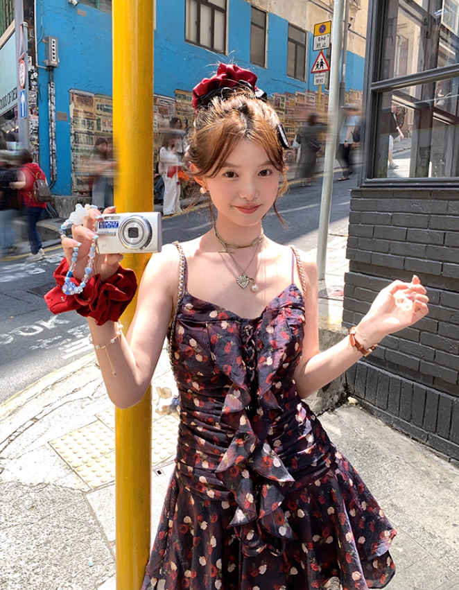 Ruffled Romantic Rose Suspender Dress French Retro Temperament Dress R4988