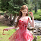 Red printed chiffon suspender dress women's summer French style waist skirt R4580