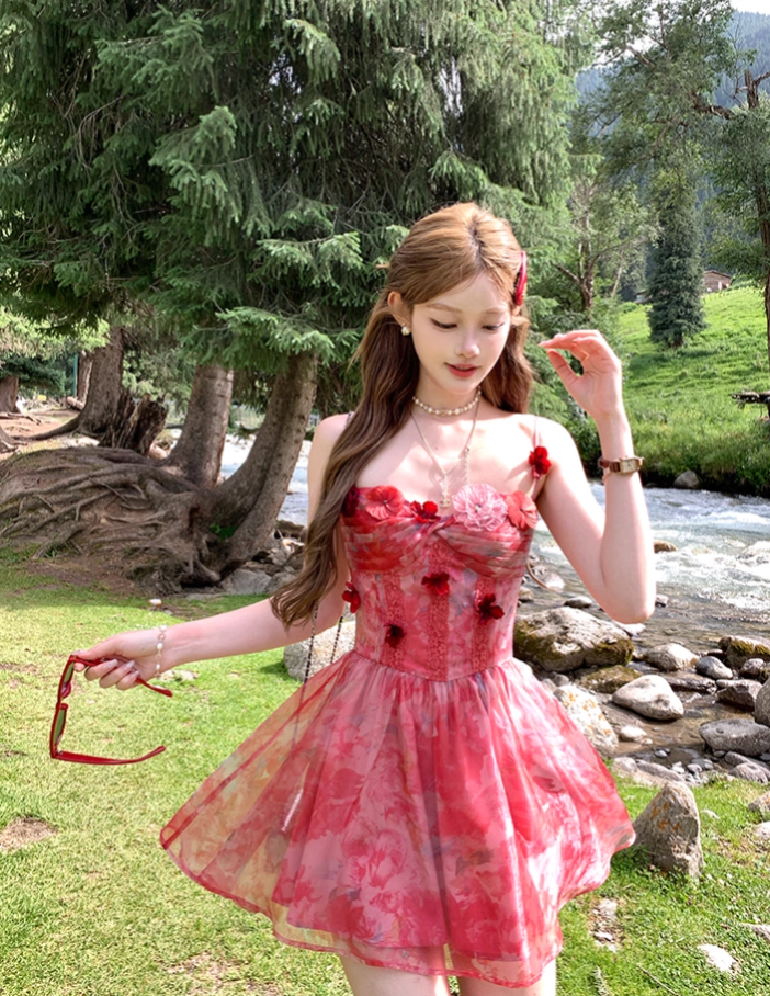 Red printed chiffon suspender dress women's summer French style waist skirt R4580