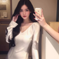 French V-neck satin long-sleeved dress, elegant waist and hip-hugging beautiful long dress R1462