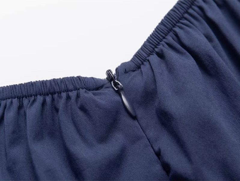 2025 Summer New Blue Square Neck Puff Sleeve Waist Slimming Short A-Line Dress R0944