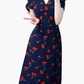2025 Summer New Black V-neck Short Sleeve Cherry Print Wrap Long Dress R0920