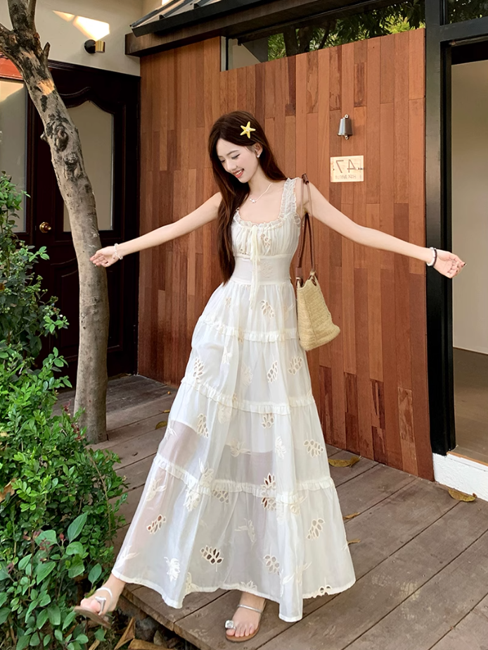 Fairy waist skirt travel photo shoot long skirt exposed waist suspender dress R1763