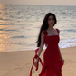 Red suspender dress high-grade irregular chiffon red rose ruffle seaside holiday dress R1470