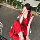 Red holiday floral dress for women petite summer long skirt with small flying sleeves R3866