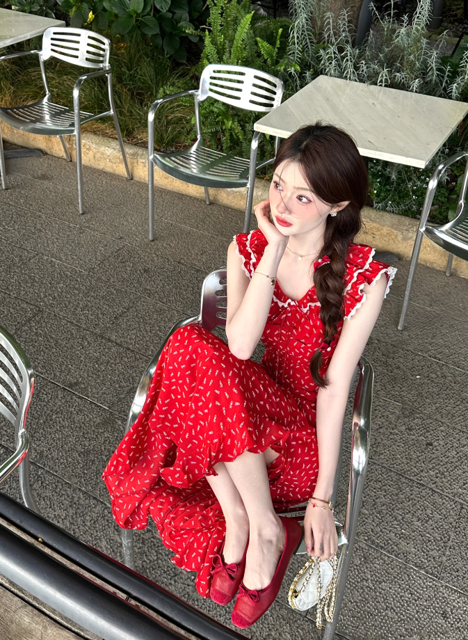 Red holiday floral dress for women petite summer long skirt with small flying sleeves R3866