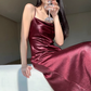 Sexy embossed satin suspender dress with slits for vacation with acetate high-end skirt R1464