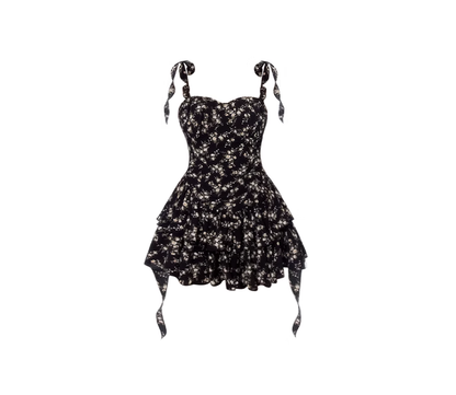 French black floral tea dress 2025 new waist slimming dress R0049