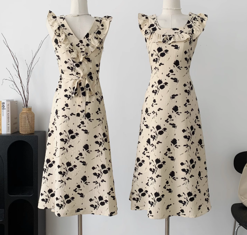 Ink painting print dress new style temperament U-neck floral long skirt R0032