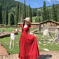 Red polka dot lace cinched waist small flying sleeve dress for women's summer French dress R4784