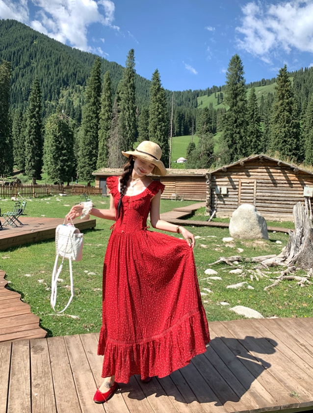 Red polka dot lace cinched waist small flying sleeve dress for women's summer French dress R4784