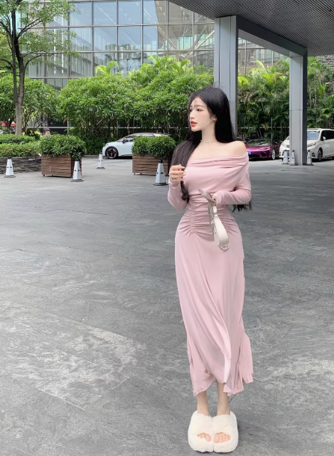 French style one-shoulder dress, elegant waist, long sleeves, off-shoulder, gentle hip-wrapped long dress R1559