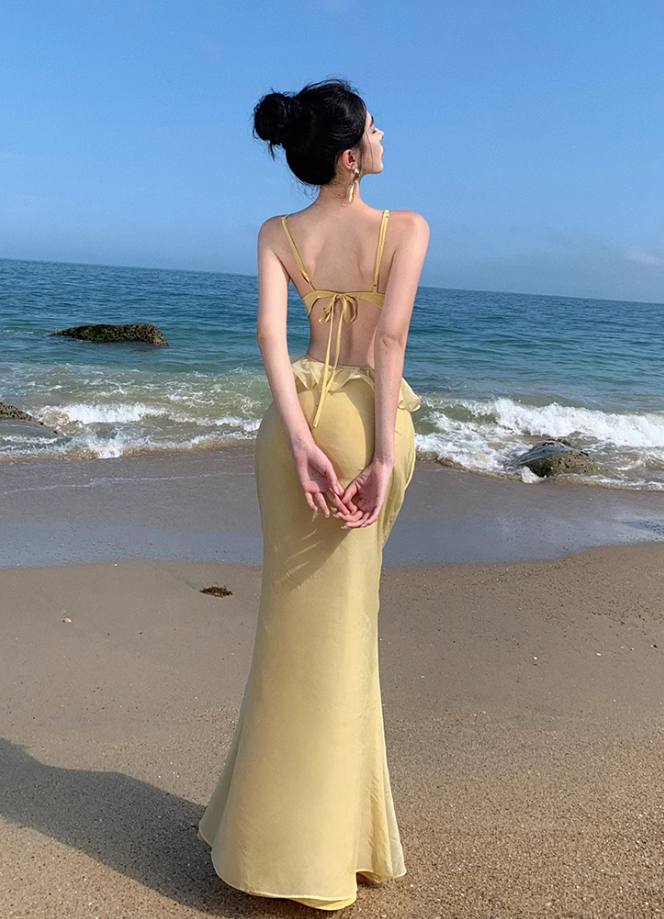 Sexy suspender dress pure desire style clothes super fairy vacation wear backless beach dress R1572