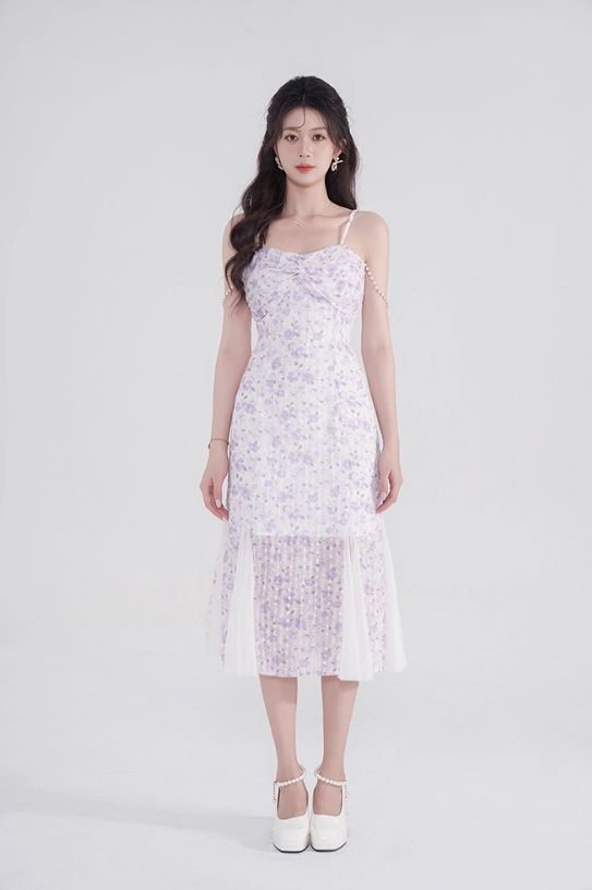French design niche fishtail skirt sweet pure desire mid-length skirt purple floral suspender dress R4145