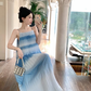 Gradient blue seaside holiday style suspender dress new Sanya tea break beach dress R0183