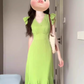 French retro green small flying sleeve dress high-end v-neck temperament step by step lotus fishtail skirt R0451