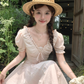 Pink long v-neck short-sleeved waist dress summer French retro temperament high-end dress R4743