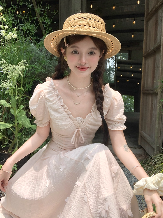 Pink long v-neck short-sleeved waist dress summer French retro temperament high-end dress R4743