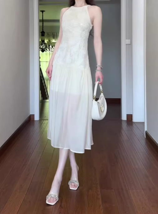 Jacquard sleeveless halter dress cool and gentle temperament waist A-line long skirt R0857