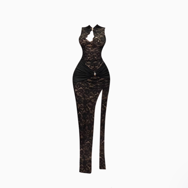 Sexy hot girl lace hollow dress female 2025 new Chinese style high slit cheongsam skirt R1063