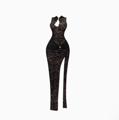 Sexy hot girl lace hollow dress female 2025 new Chinese style high slit cheongsam skirt R1063