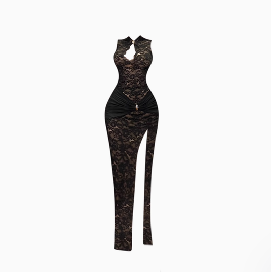 Sexy hot girl lace hollow dress female 2025 new Chinese style high slit cheongsam skirt R1063