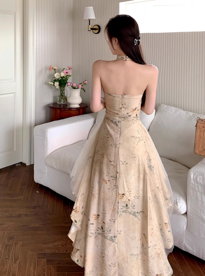 Fairy new Chinese style improved cheongsam halo dyed floral waist long skirt dress R1703