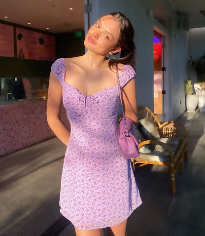 Purple floral waist slim short skirt homecoming dress R3314