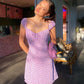 Purple floral waist slim short skirt homecoming dress R3314