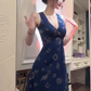 Retro blue v-neck floral halter dress beautiful waist a-line long skirt R0794