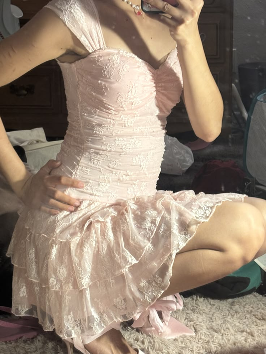 Gnetle Lace Women's Homecoming Dress Blush Pink Waist Fitted Short Prom Gown Birthday Dress RS3327