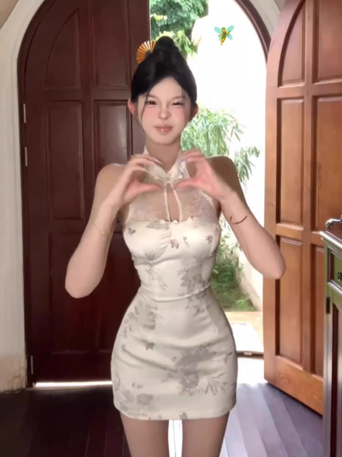 New Chinese style lace cheongsam skirt 2025 pure desire sleeveless halter neck printed hip skirt R1055