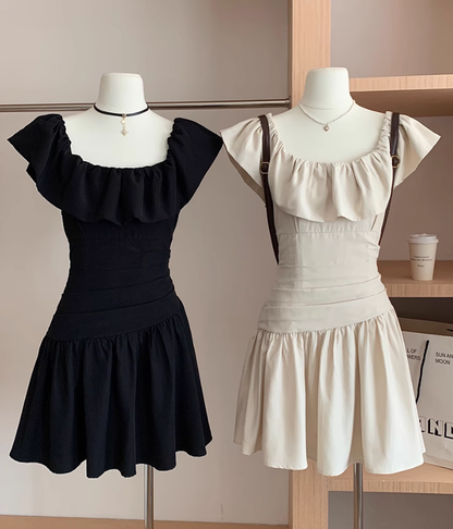 Pleated age-reducing one-shoulder flying sleeves two-way dress R2093
