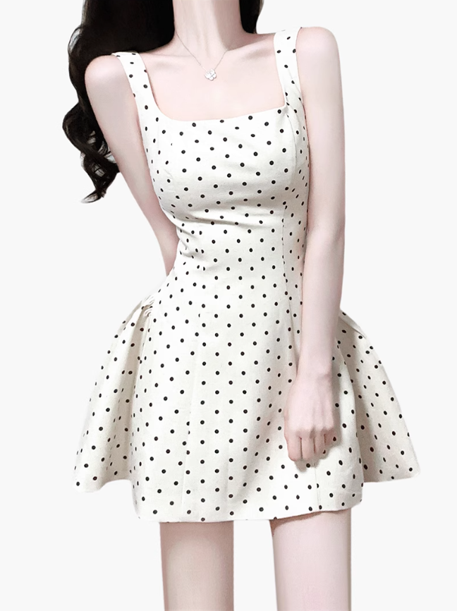 2025 Summer New Apricot Polka Dot Waist Square Neck A-line Short Suspender Dress R0907
