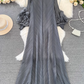 High-class lady temperament pleated lantern long sleeve loose A-line solid color elegant dress R0319