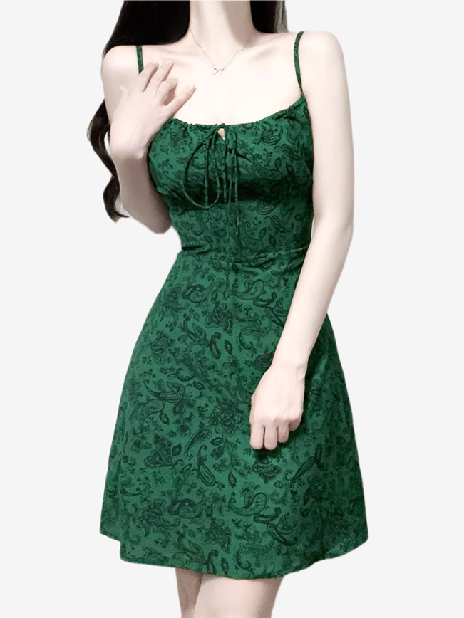 2025 Summer New Retro Sexy Floral Green A-line Short Suspender Dress R0934