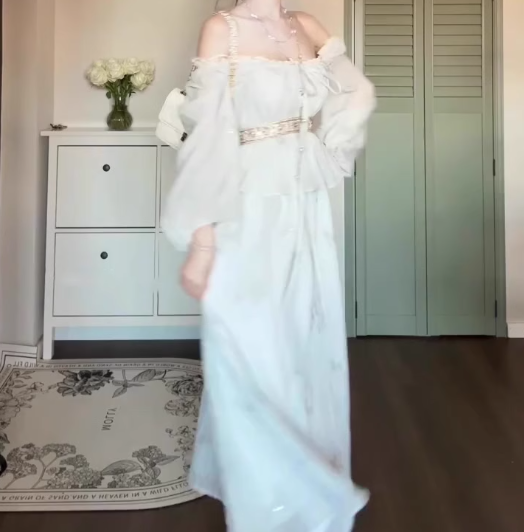 Gentle temperament blue one-shoulder dress beautiful waist A-line long skirt R0666