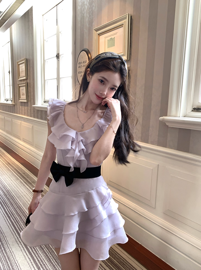 Purple waist round neck ruffled suspender dress women's summer skirt R4659