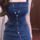Retro blue suspender dress with elegant waist and slim fit R0757