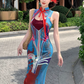 Retro contrast color hollow dress sexy temperament waist slim hip skirt R0658